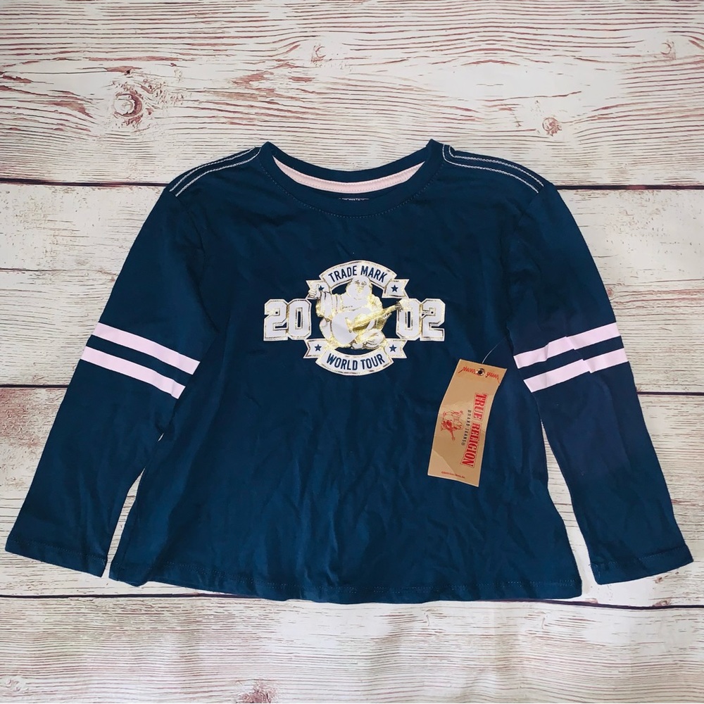 New True Religion Little Girls Navy Varsity Long Sleeves Shirt Size 5